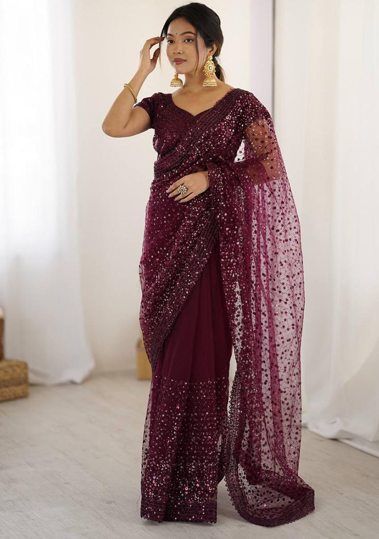 Wine Motif Net Saree Set - Indya