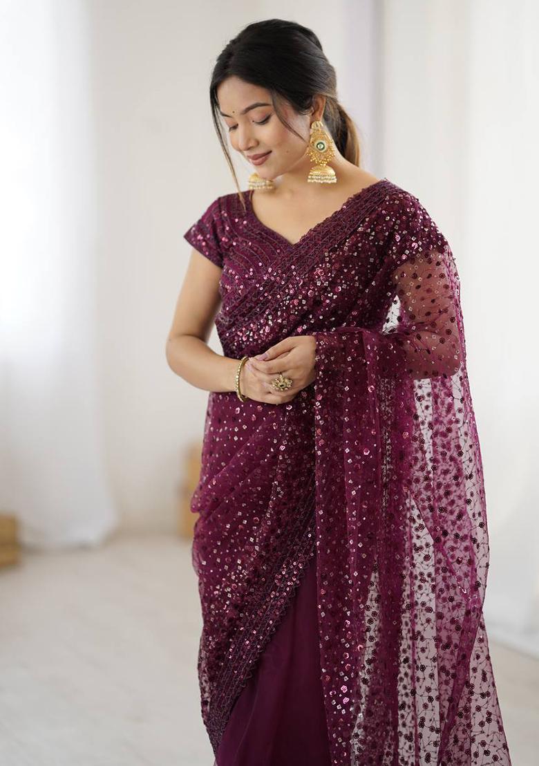 Wine Motif Net Saree Set - Indya