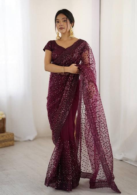 Wine Motif Net Saree Set