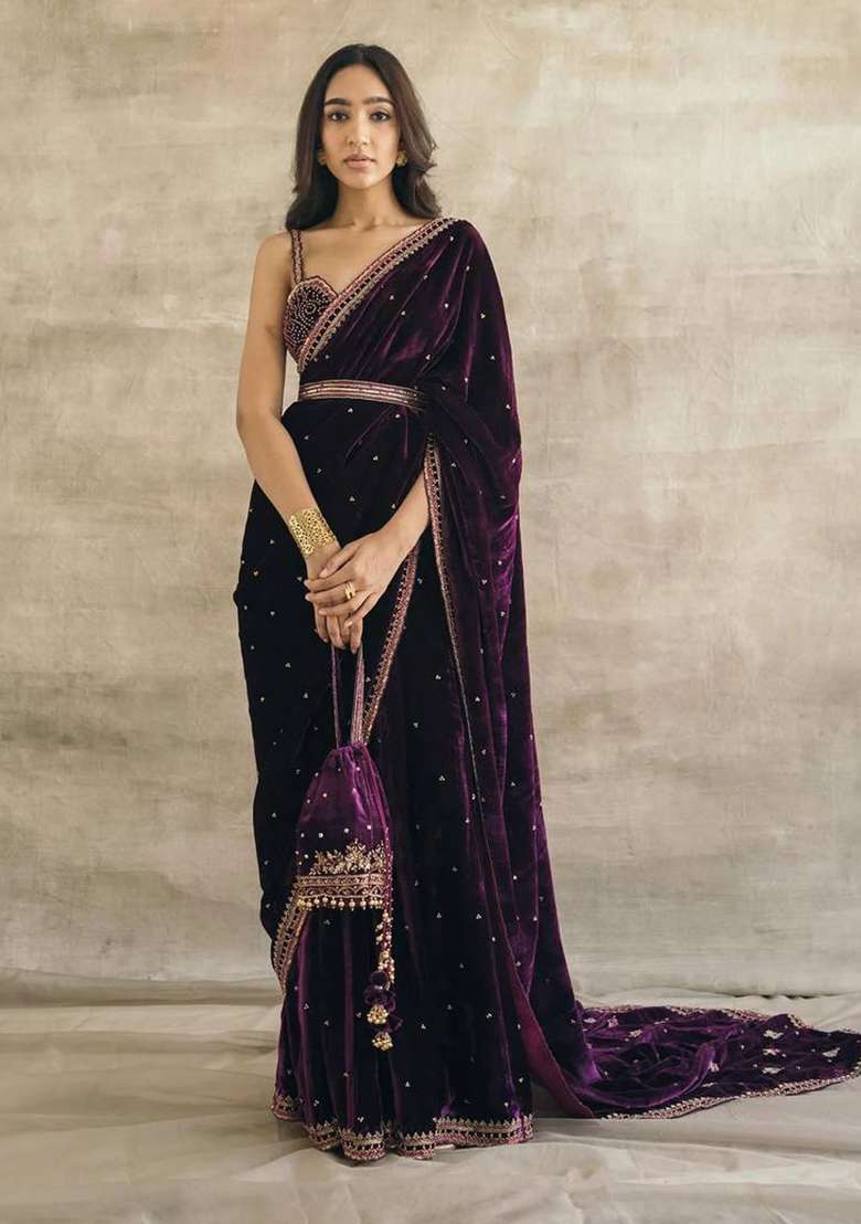 Violet Motif Velvet Saree Set - Indya
