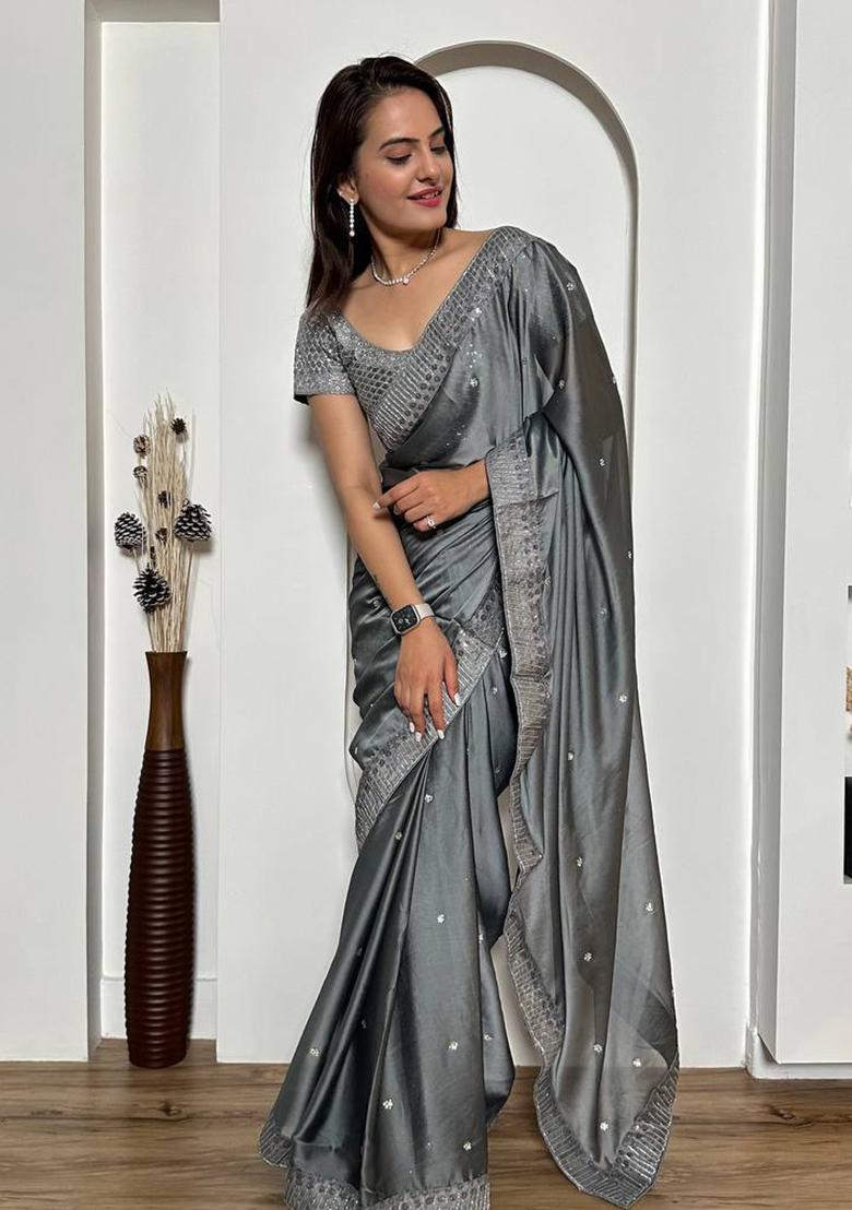 Grey Motif Silk Saree Set - Indya