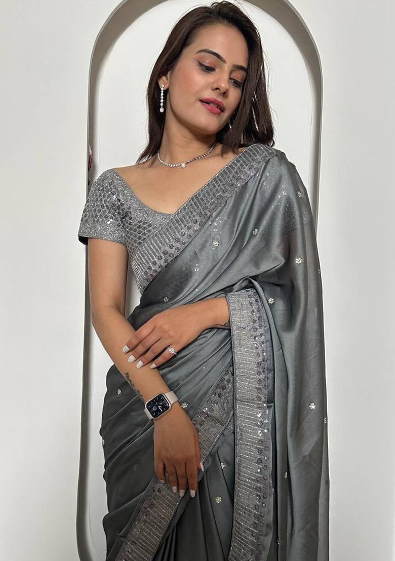 Grey Motif Silk Saree Set - Indya