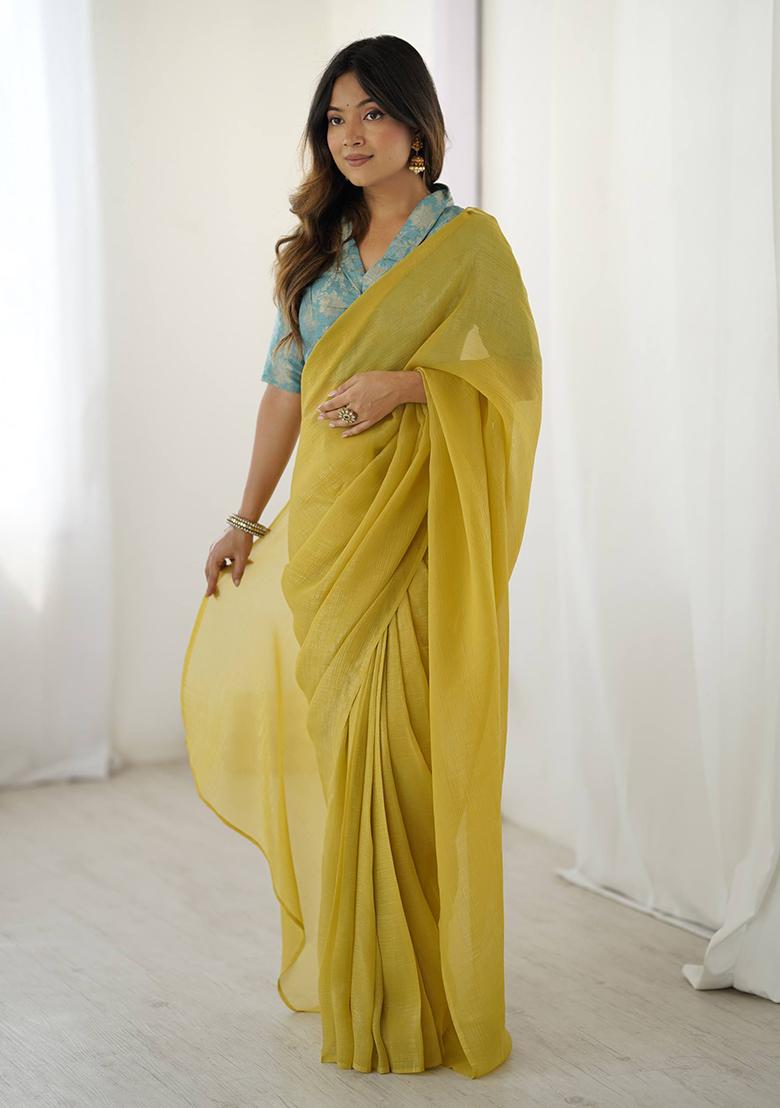 Yellow Motif Silk Saree Set - Indya