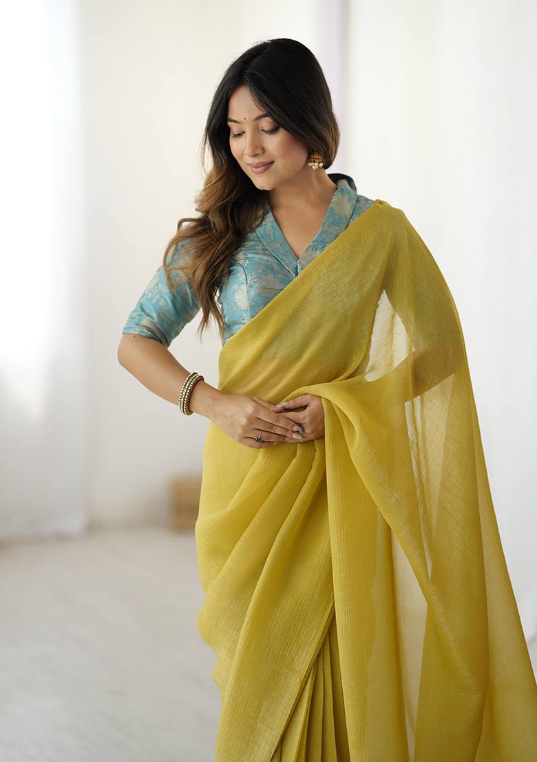 Yellow Motif Silk Saree Set - Indya