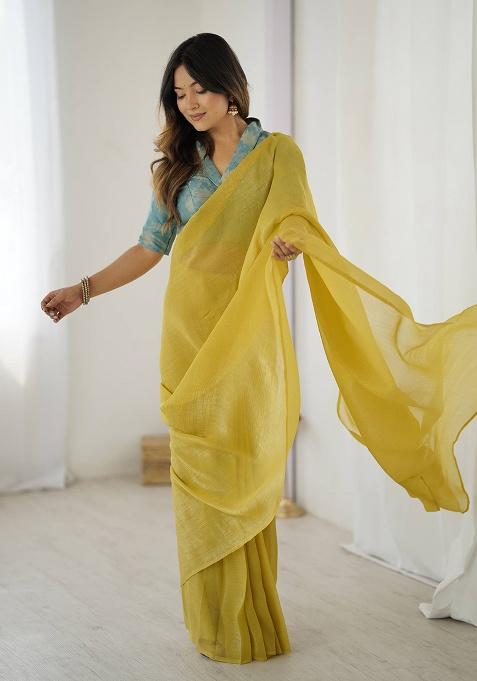 Yellow Motif Silk Saree Set