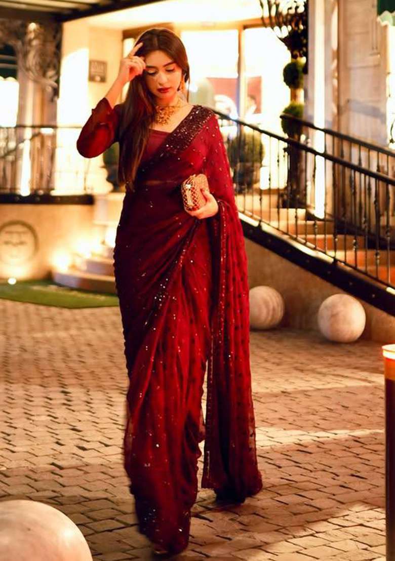 Maroon Motif Georgette Saree Set for Diwali | Wedding & Festive Wear - Indya