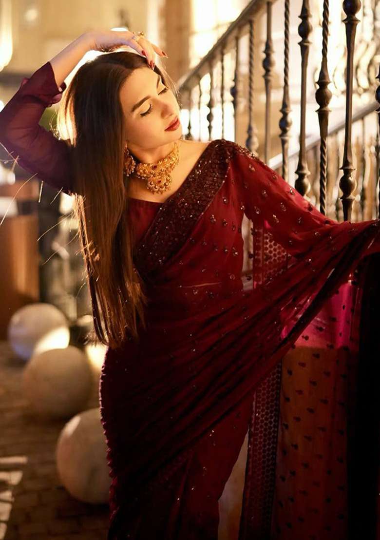 Maroon Motif Georgette Saree Set for Diwali | Wedding & Festive Wear - Indya
