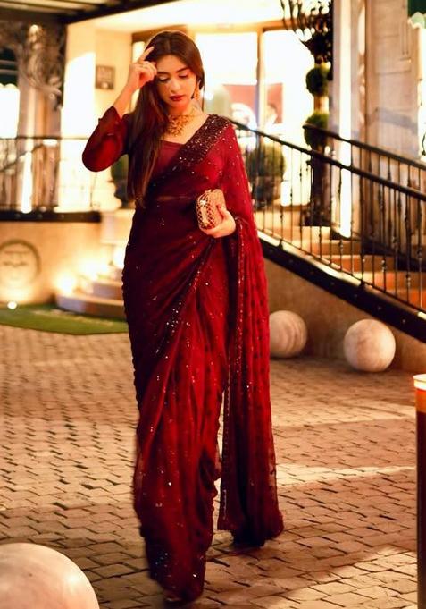 Maroon Motif Georgette Saree Set