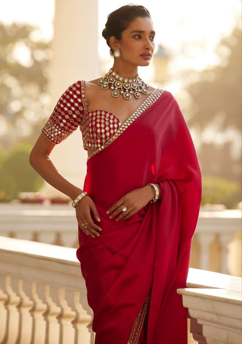 Red Motif Silk Saree Set - Indya