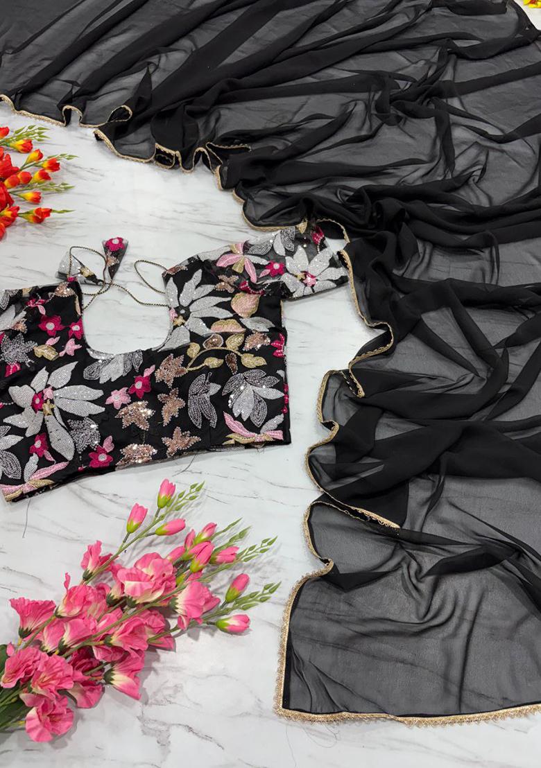 Black Motif Georgette Saree Set - Indya