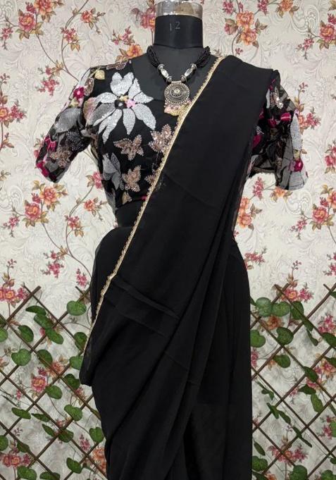 Black Motif Georgette Saree Set