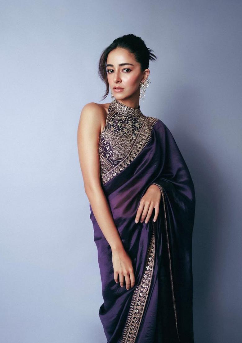 Violet Motif Silk Saree Set - Indya