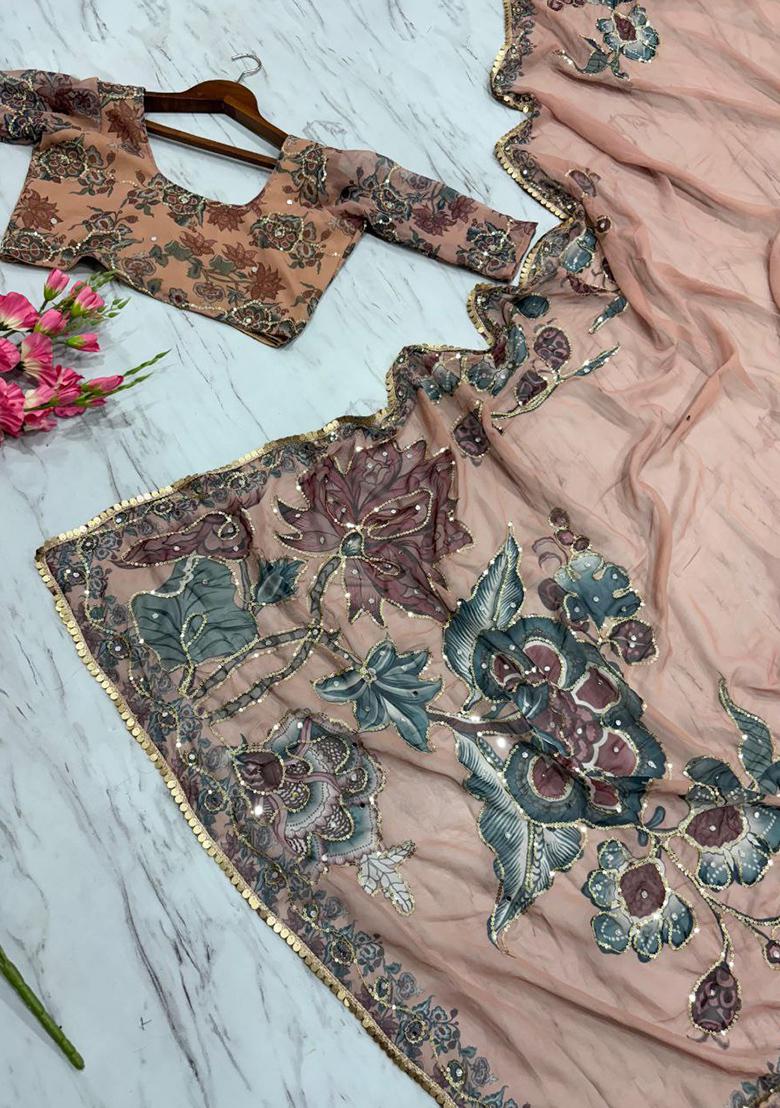 Light Orange Motif Georgette Saree Set - Indya