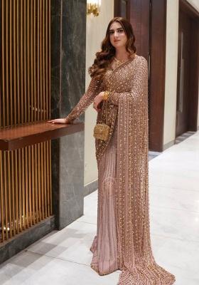 Light Pink Motif Net Saree Set