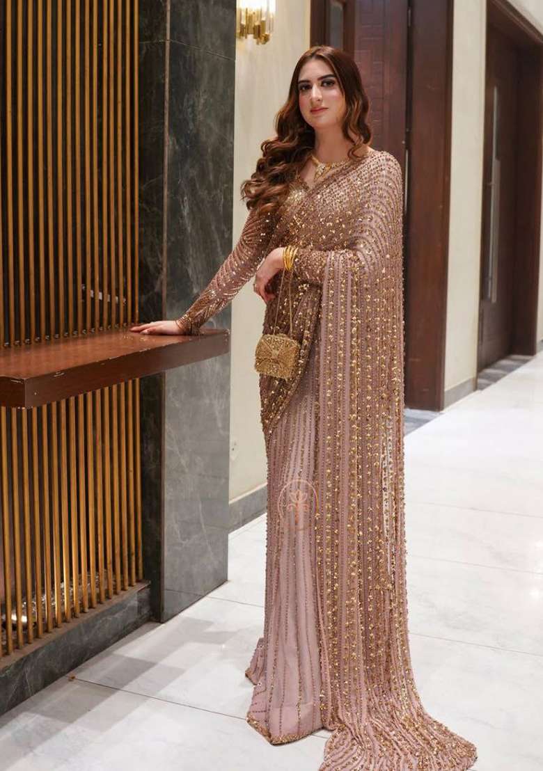 Light Pink Motif Net Saree Set for Diwali | Wedding & Festive Wear - Indya