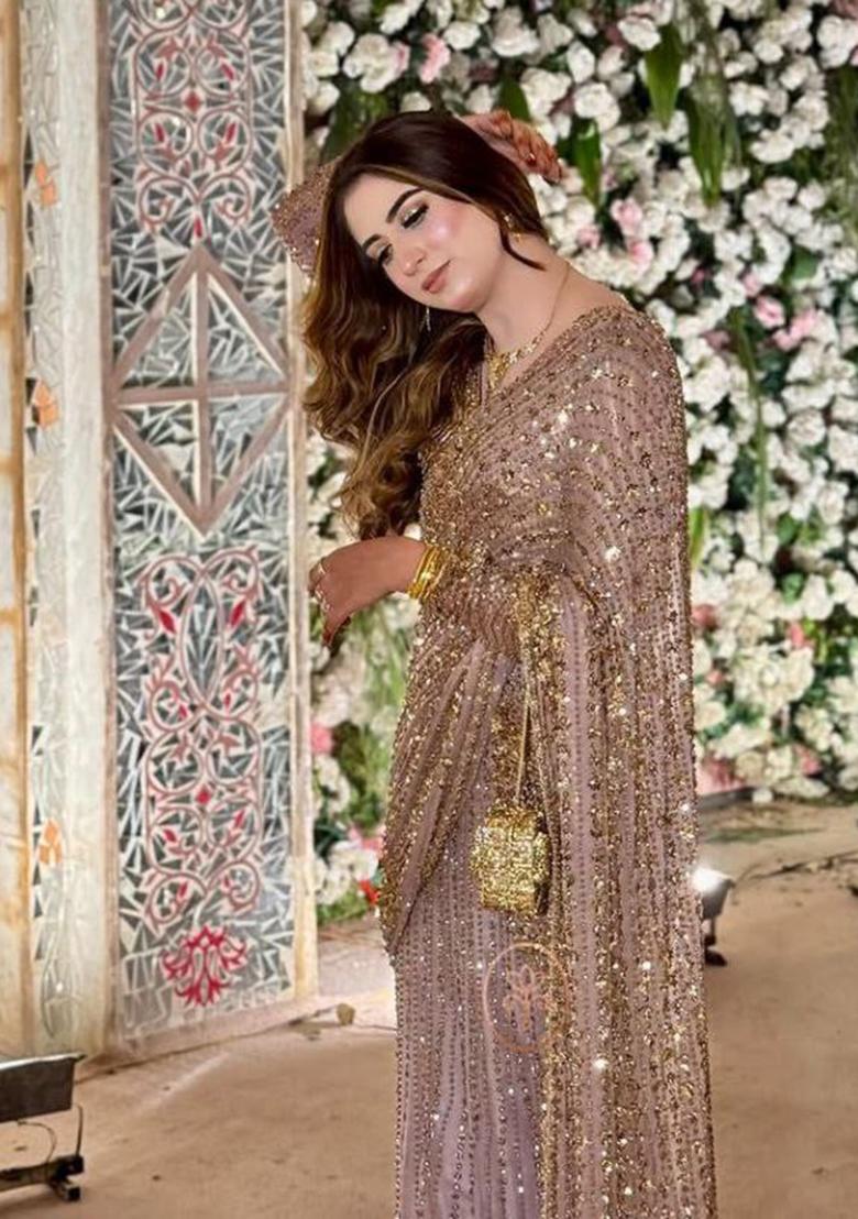 Light Pink Motif Net Saree Set - Indya