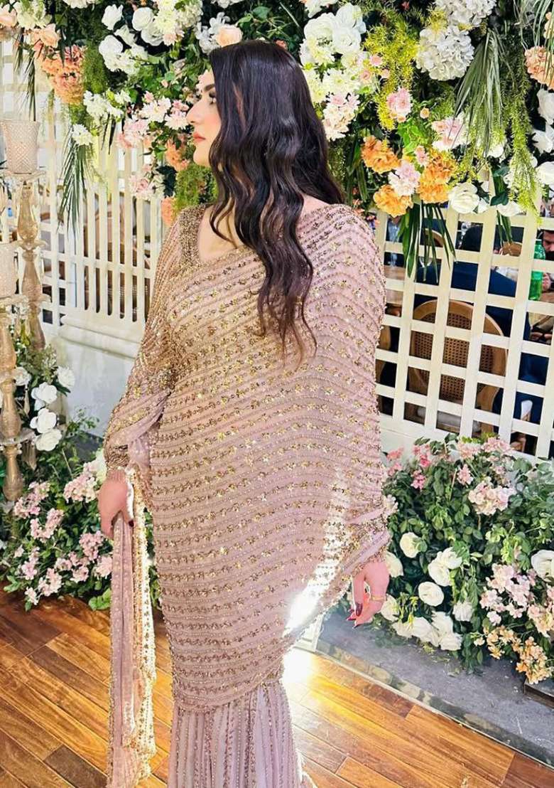 Light Pink Motif Net Saree Set for Diwali | Wedding & Festive Wear - Indya