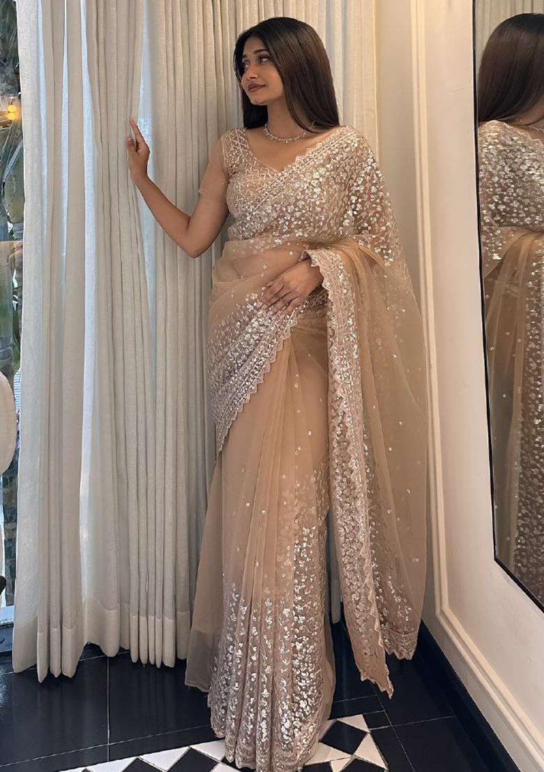 Brown Motif Net Saree Set for Diwali and Festive Wear - Indya