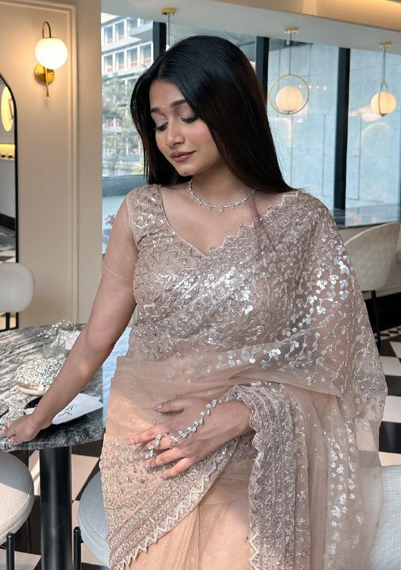 Brown Motif Net Saree Set - Indya