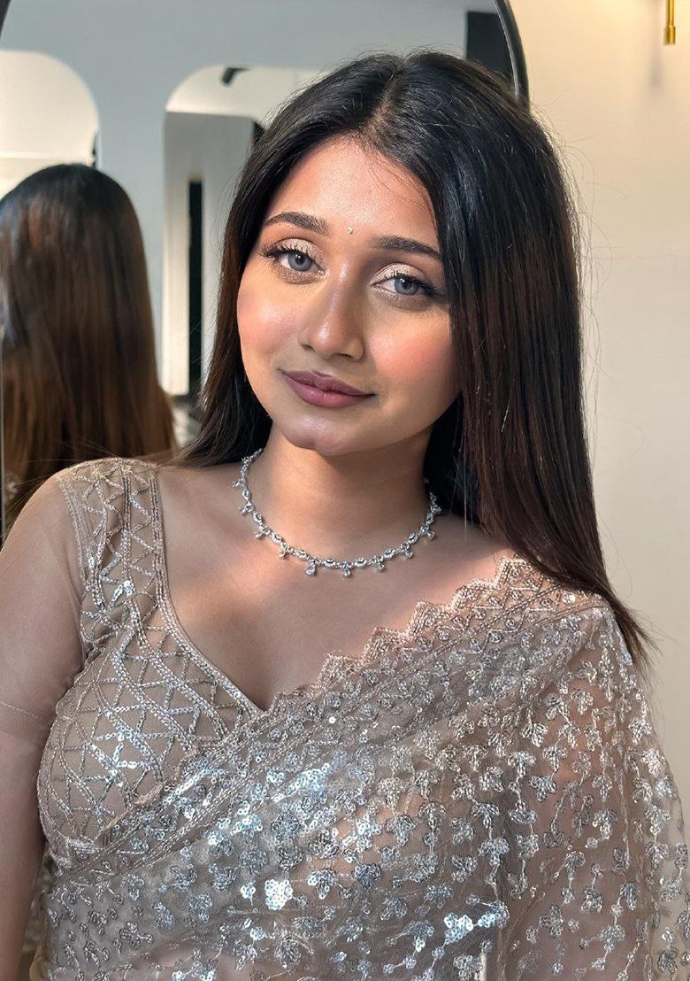 Brown Motif Net Saree Set - Indya