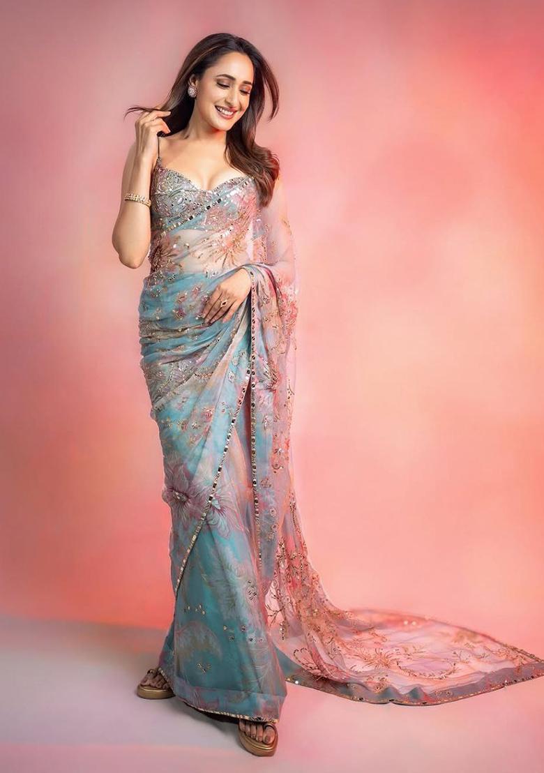 Sky Blue Motif Silk Saree Set - Indya