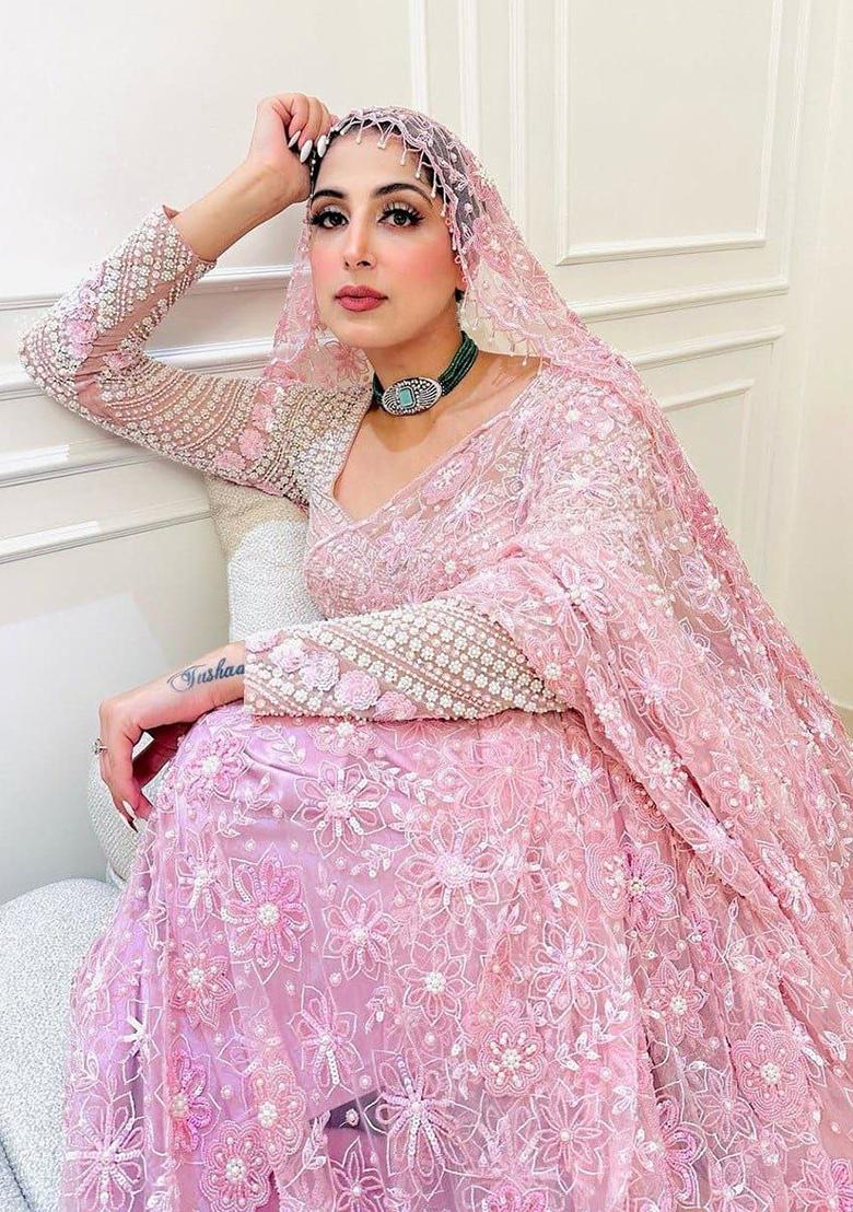 Pink Motif Net Saree Set - Indya