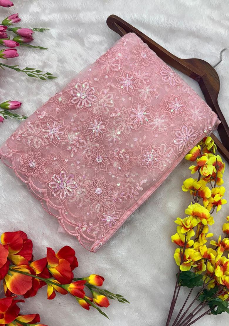 Pink Motif Net Saree Set - Indya