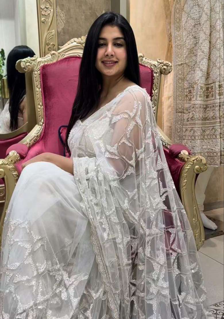 White Motif Net Saree Set for Diwali | Wedding & Festive Wear - Indya
