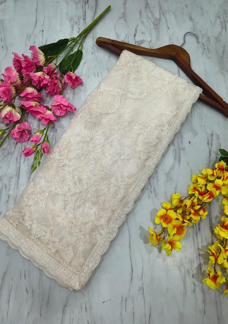 White Motif Net Saree Set - Indya