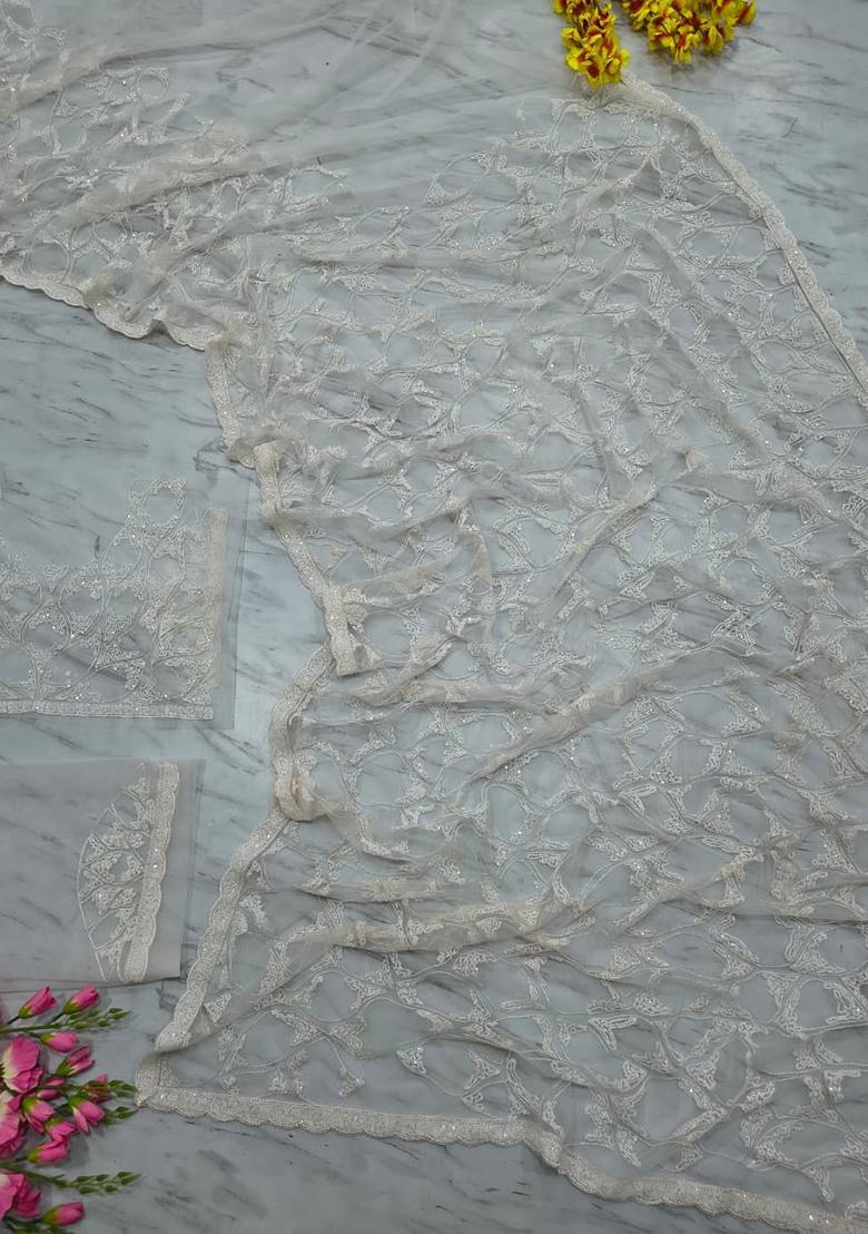 White Motif Net Saree Set - Indya