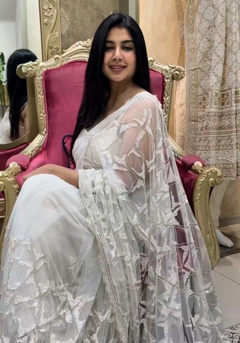 White Motif Net Saree Set