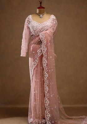 Pink Motif Net Saree Set