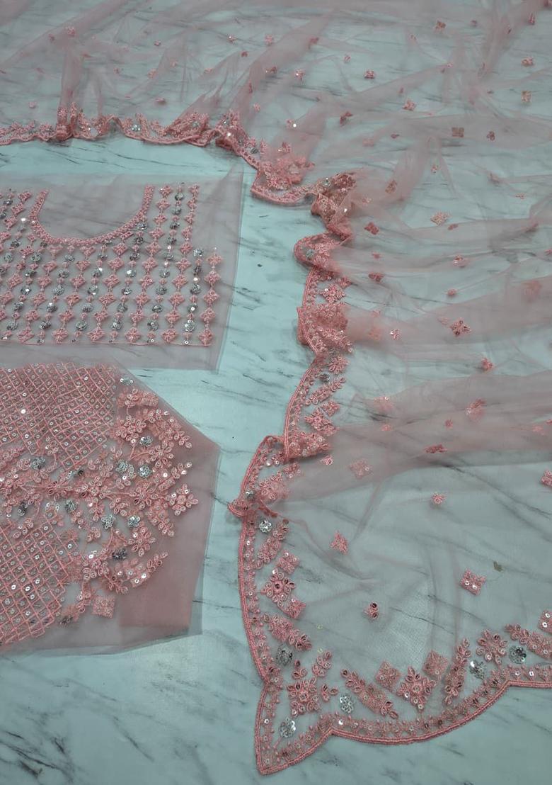 Pink Motif Net Saree Set - Indya