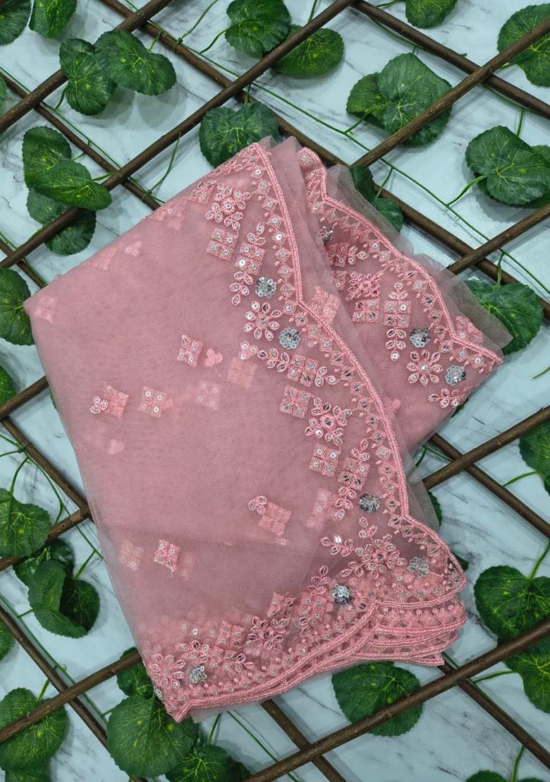 Pink Motif Net Saree Set - Indya