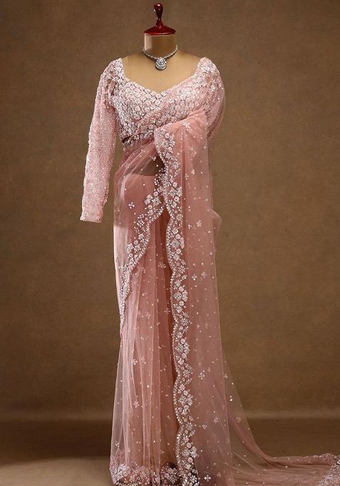 Pink Motif Net Saree Set