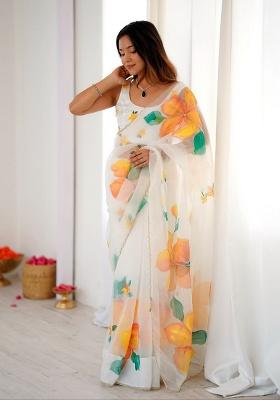 White Motif Silk Saree Set