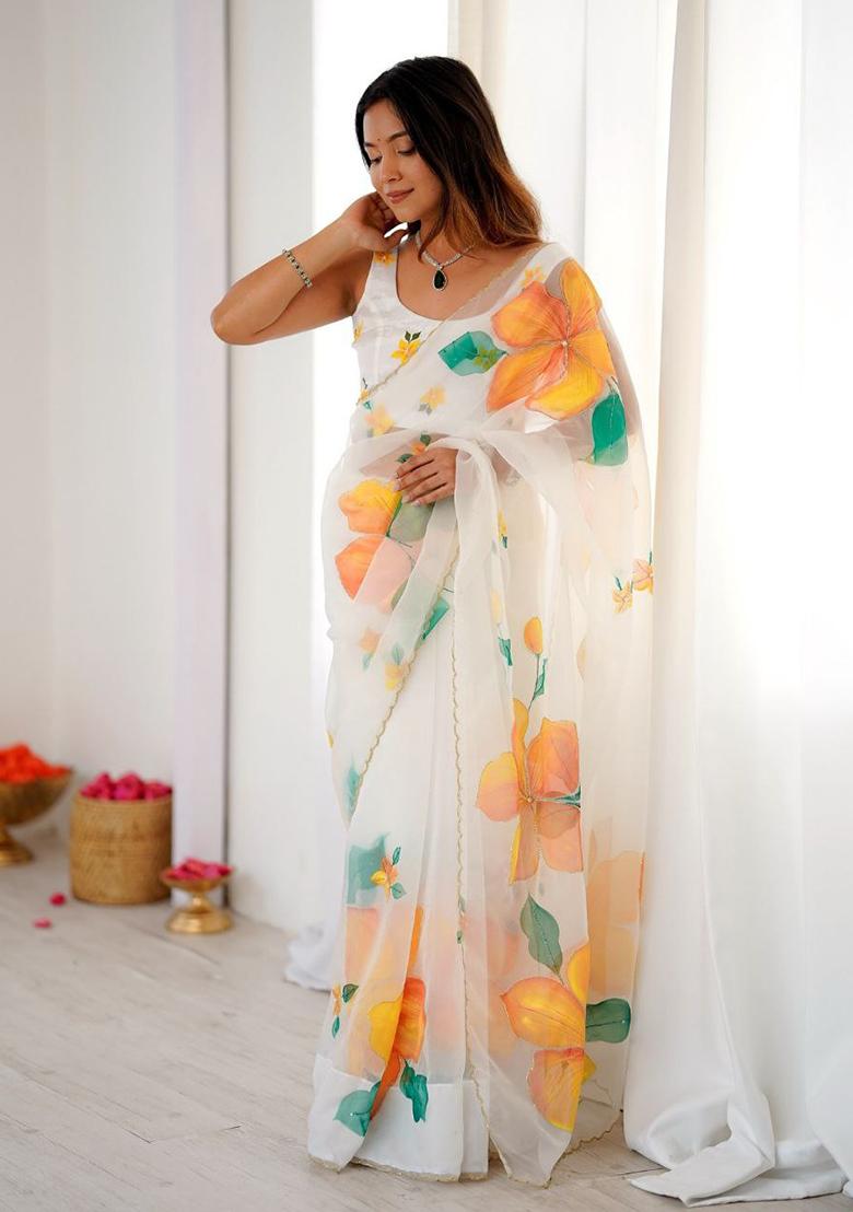 White Motif Silk Saree Set - Indya