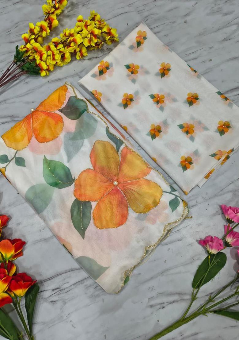 White Motif Silk Saree Set - Indya