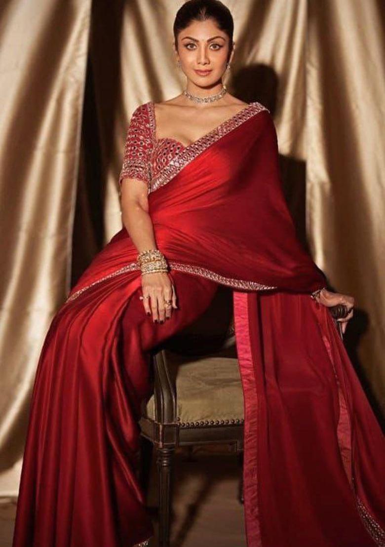 Dark Red Motif Silk Saree Set - Indya