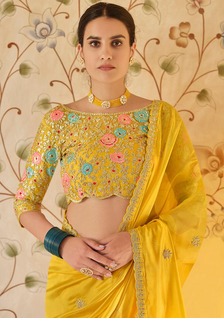 Yellow Motif Organza Saree Set - Indya