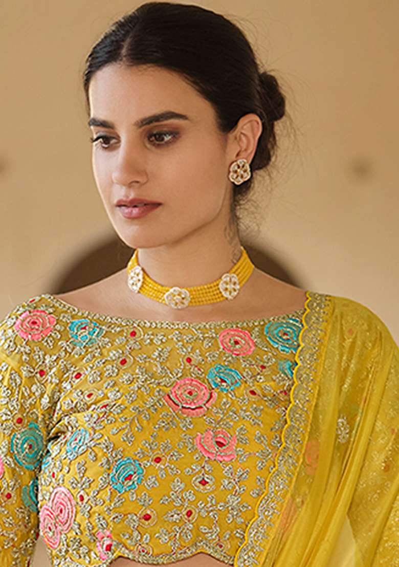 Yellow Motif Organza Saree Set for Diwali and Festive Wear - Indya