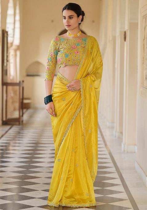 Yellow Motif Organza Saree Set