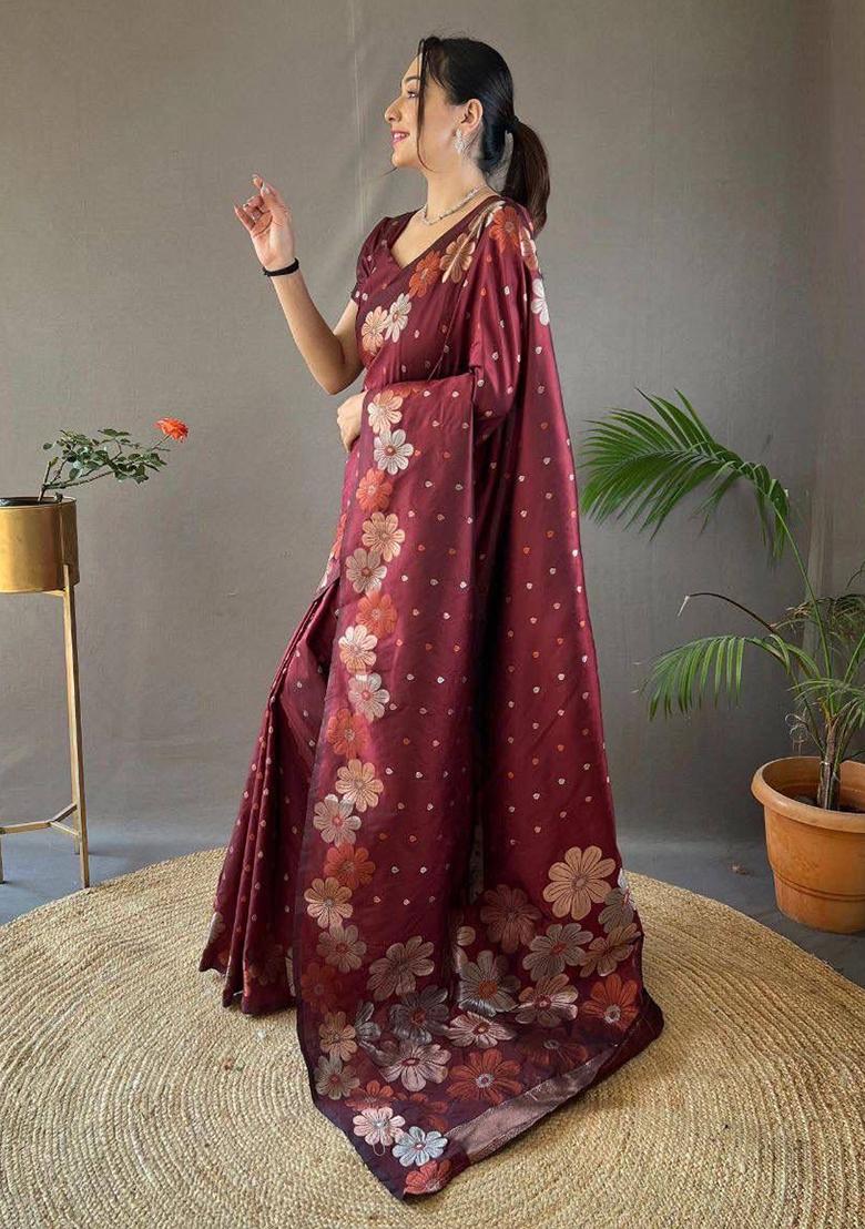 Purple Jacquard Silk Saree Set - Indya