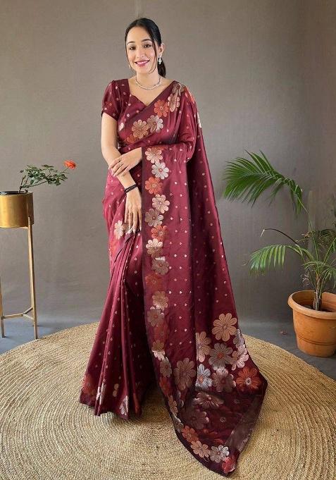 Purple Jacquard Silk Saree Set