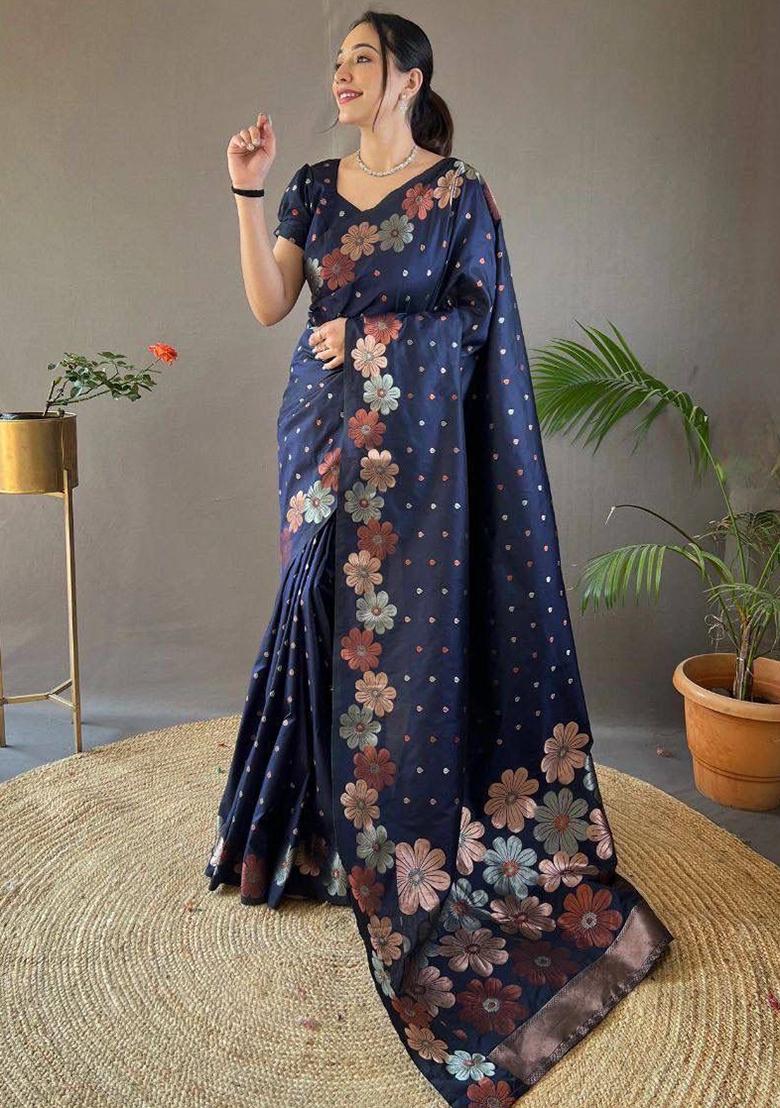 Navy Blue Jacquard Silk Saree Set - Indya