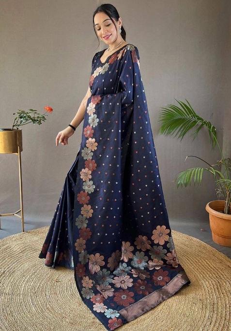 Navy Blue Jacquard Silk Saree Set