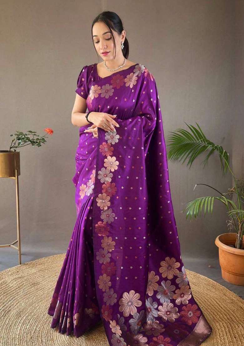 Maroon Jacquard Silk Blend Saree Set for Diwali | Wedding & Festive Wear - Indya