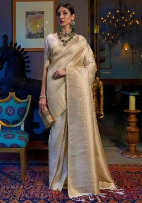 Cream Jacquard Silk Saree Set