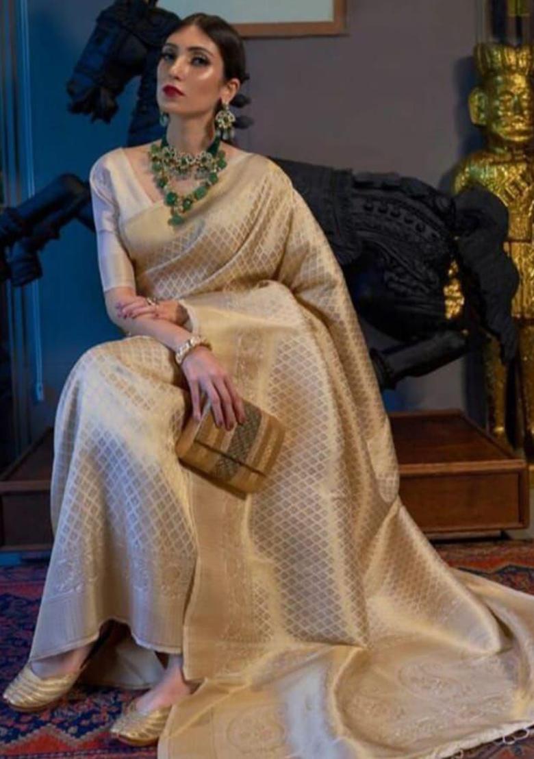 Cream Jacquard Silk Saree Set - Indya