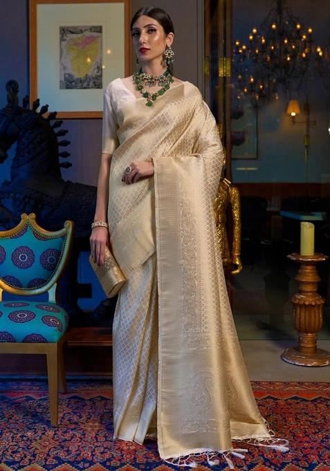 Cream Jacquard Silk Saree Set